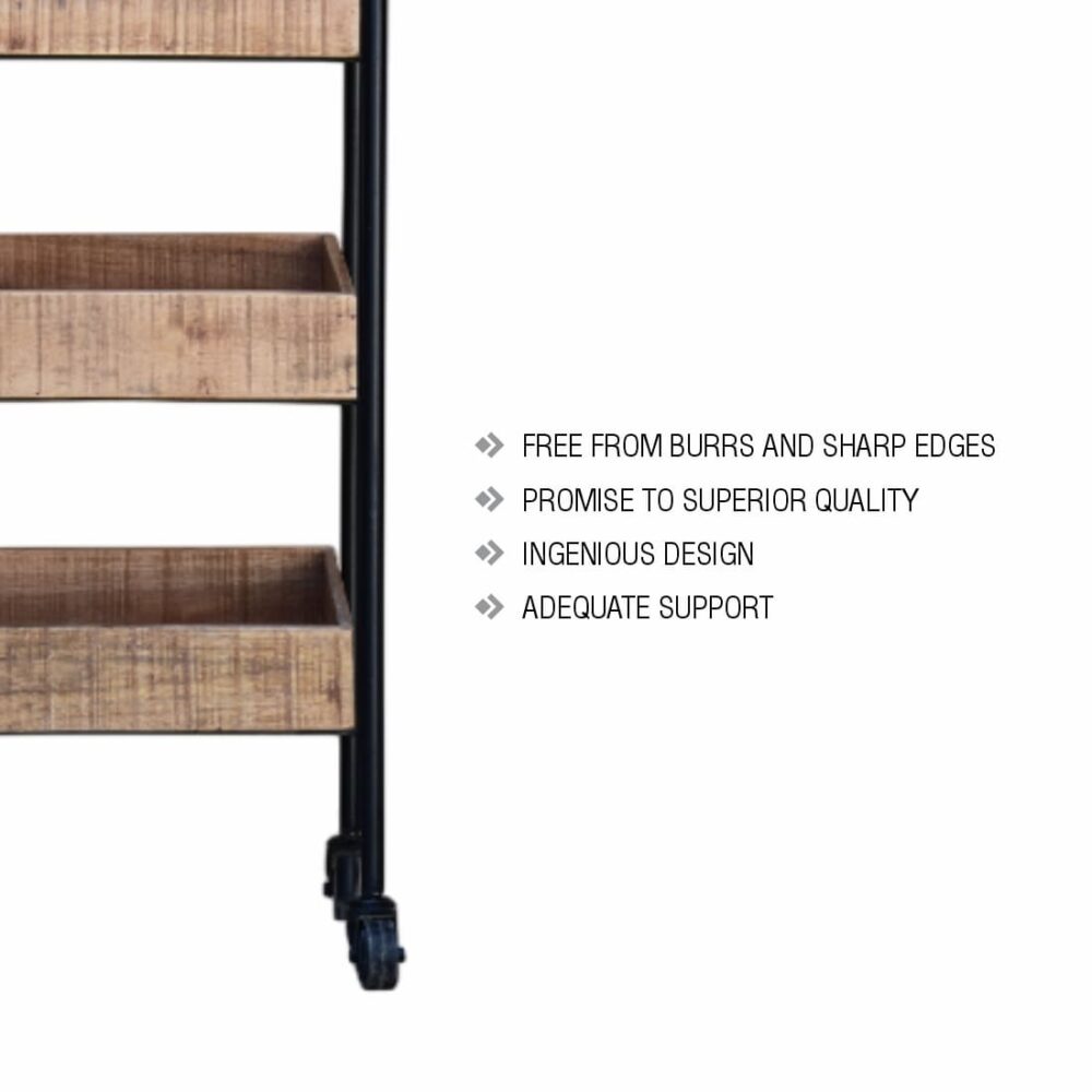 Wood And Iron Kitchen Cart In Natural Brown And Black Colour - Image 4